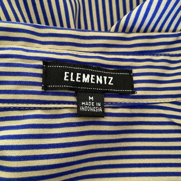 Elementz Blouse Size Medium Tan Blue Striped Roll Tab Sleeves Pockets - Picture 7 of 10